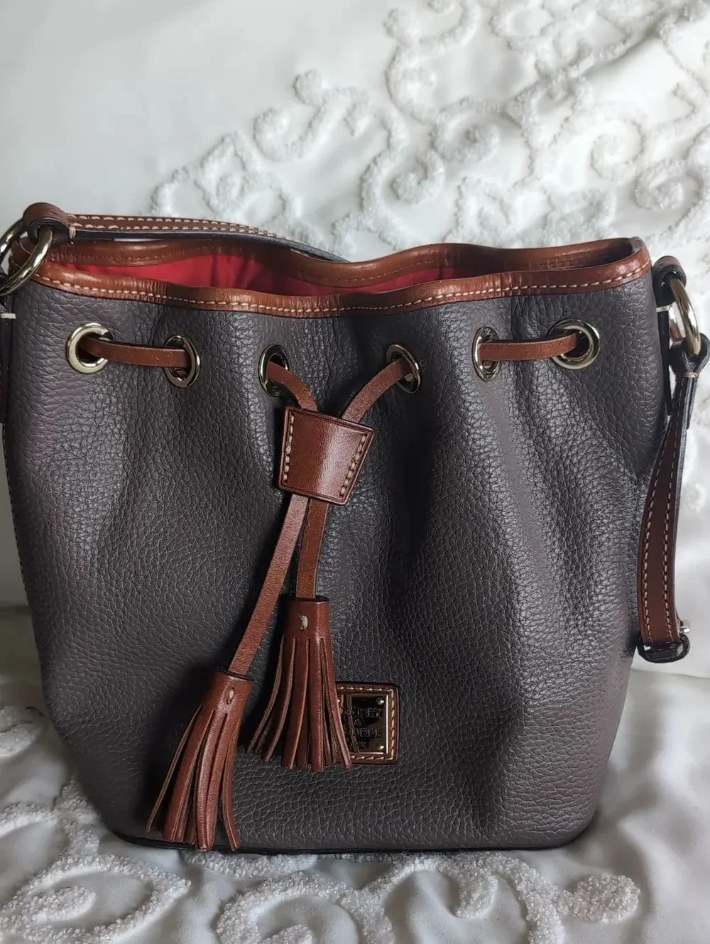 Dooney & Bourke Tasseled Leather Drwstring Bucket Shoulder Bag Taupe/British Tan